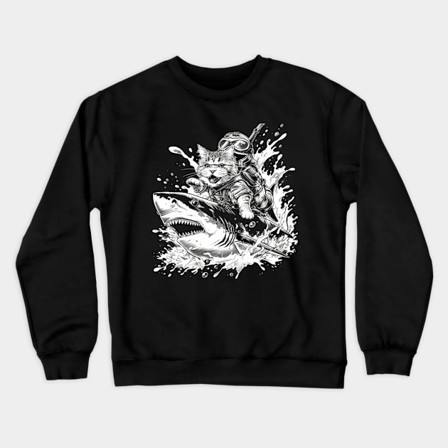 Meow-tastic Safari Riding Sharks Crewneck Sweatshirt by BilodeauBlue